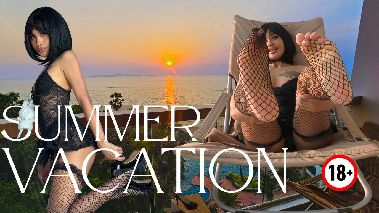 Cute Asian in Black Lace Lingerie Sways Hips on Oceanfront Balcony