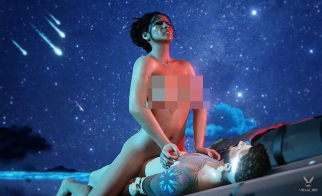 Brunette model receives a happy ending in a Cyberpunk 2077 parody under a meteor shower in this 6K VR POV scene
