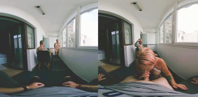 Vexxy Bliss in a POV scene with medium tits engaging in vaginal sex and a blowjob during a VR production.