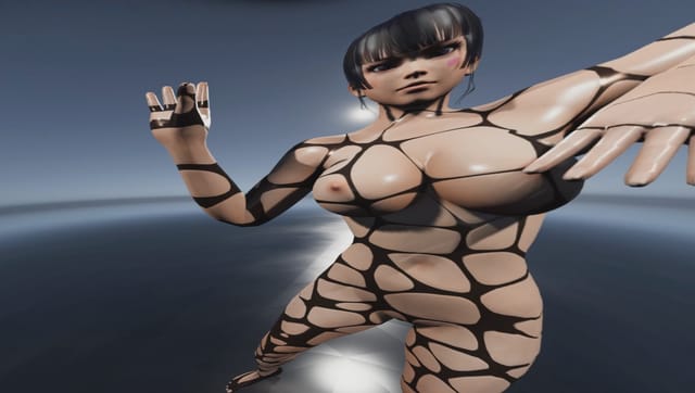 CGI Nyotengu avatar wears a dissolving suit in a 4K 180° VR scene with binaural sound and 3D rendering.