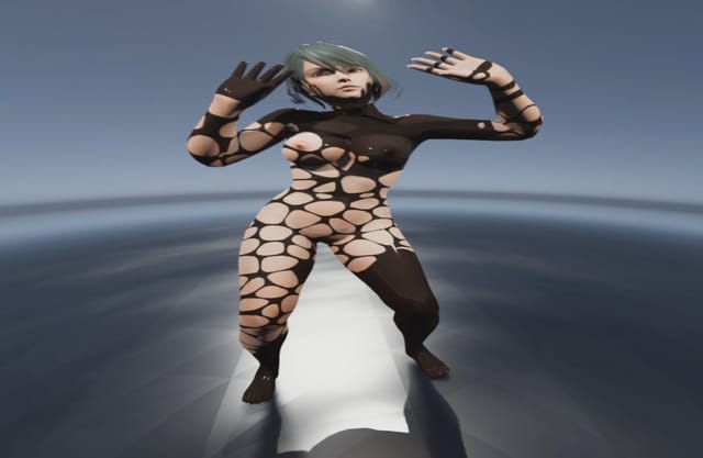 CGI cartoon character in a dissolving suit for AlloyStorm VR 4K 180 degree binaural sound experience