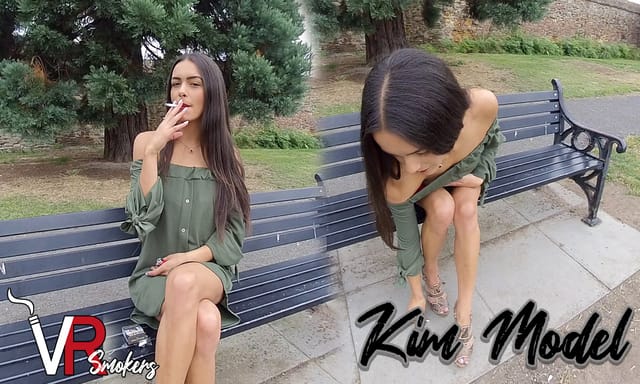 Kim Model sits on a park bench in an outdoor VR Smokers solo non POV fetish scene captured in 60 FPS