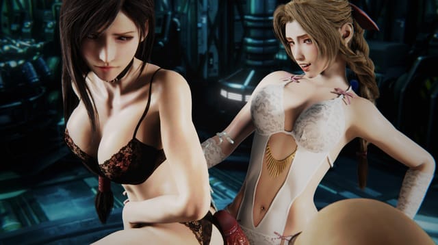 Aerith Gainsborough and Tifa Lockhart perform a double pussyjob in lingerie for VReal 18K in 4K VR.